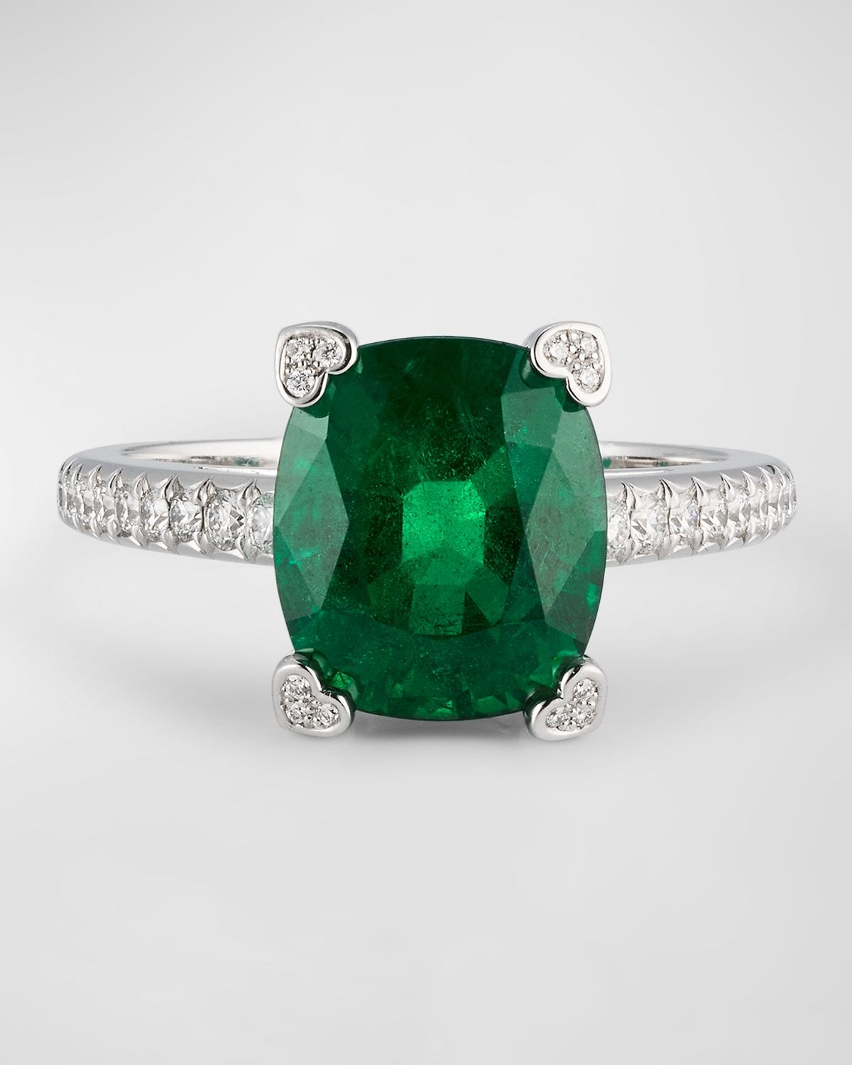 18K White Gold Emerald Solitaire Ring with Diamonds, Size 53