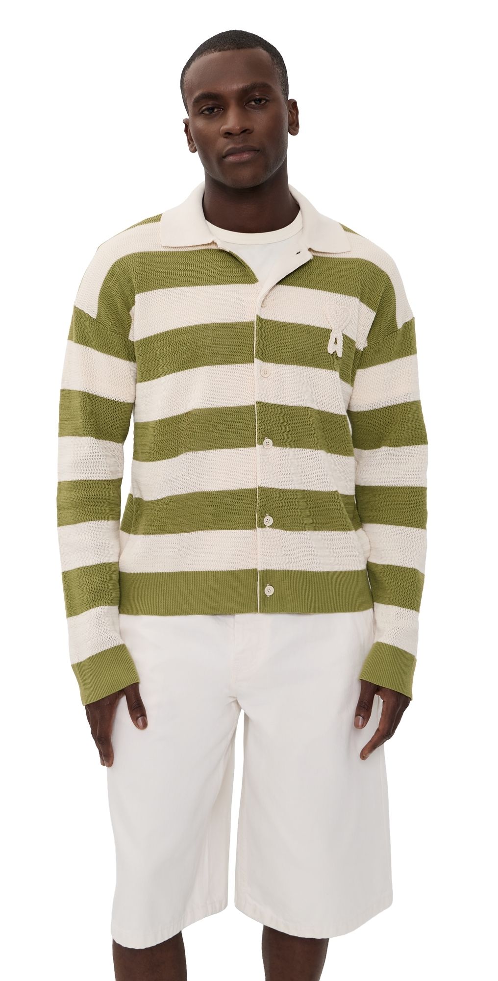 AMI Striped Polo Collar Cardigan Blanc Creme/Matcha XL