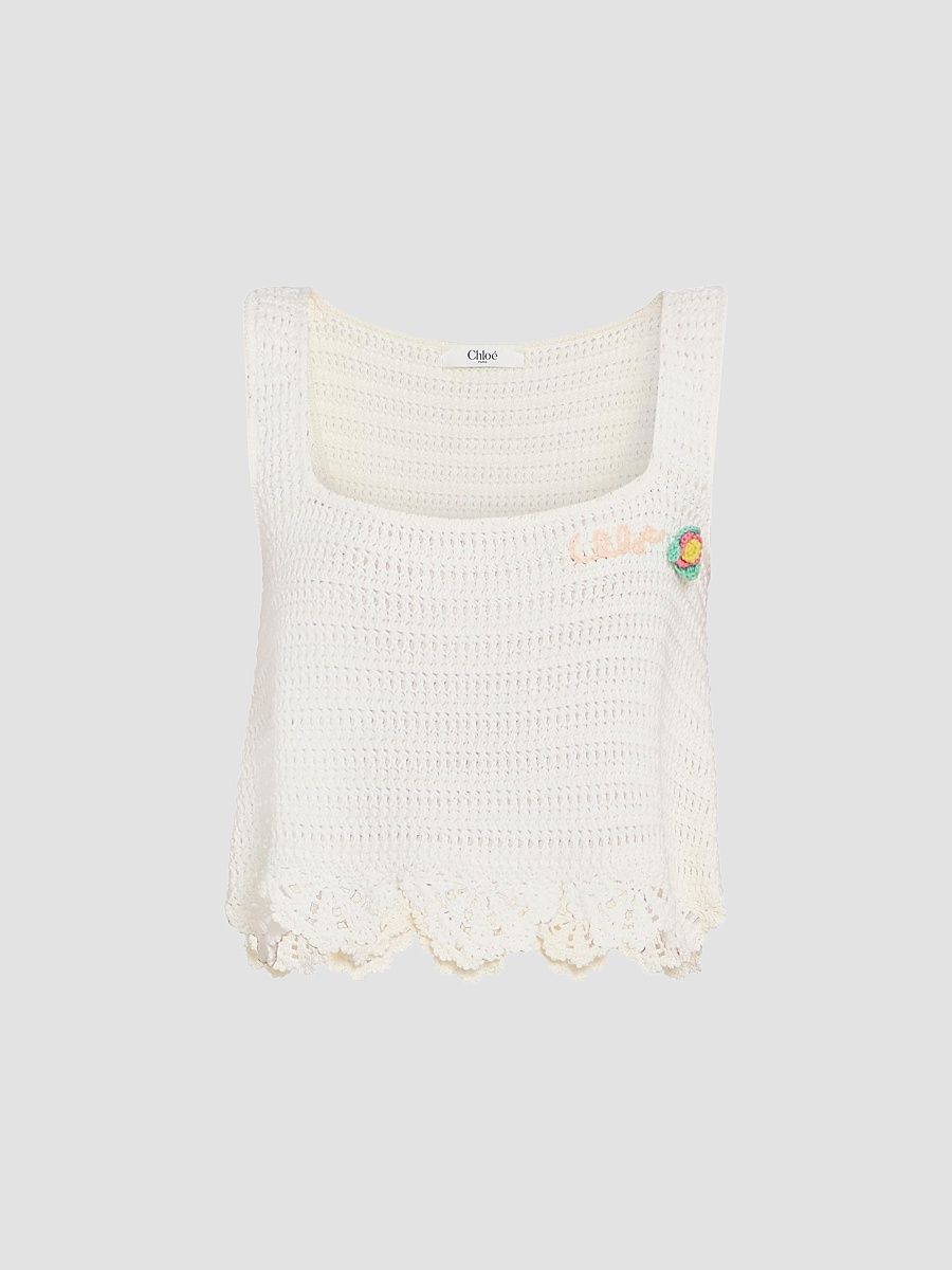 Women's À La Plage Logo-Detail Crochet Cotton Tank - Iconic Milk - Size Large