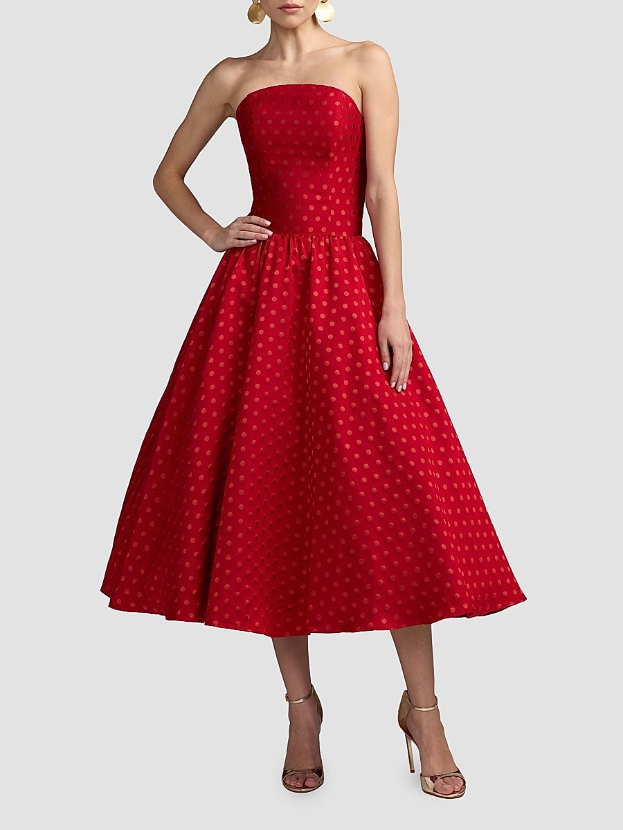 Women's Polka Dot Brocade Strapless Midi Dress - Red Multi - Size 14