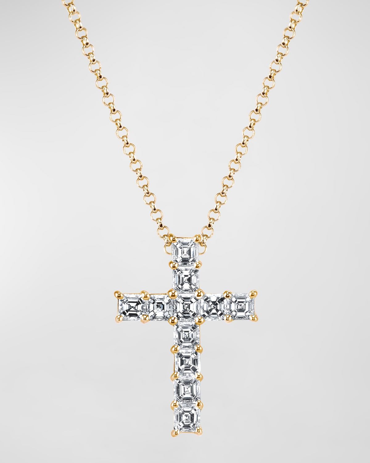 18K Gold 11-Stone Shared Prong Asscher Cut Diamond Cross Necklace, 16"L, 0.75tcw