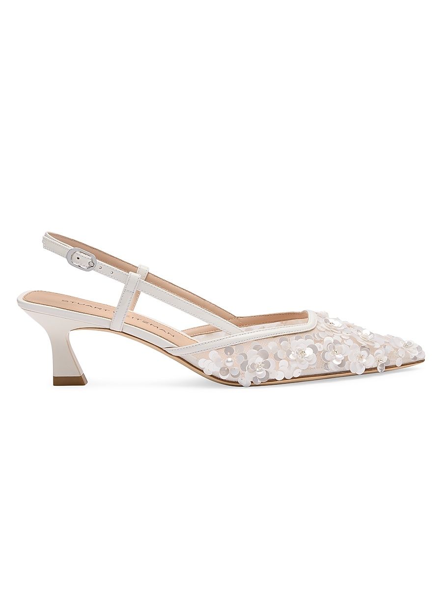 Women's Vinnie 50MM Embellished Mesh Slingback Pumps - White - Size 9.5