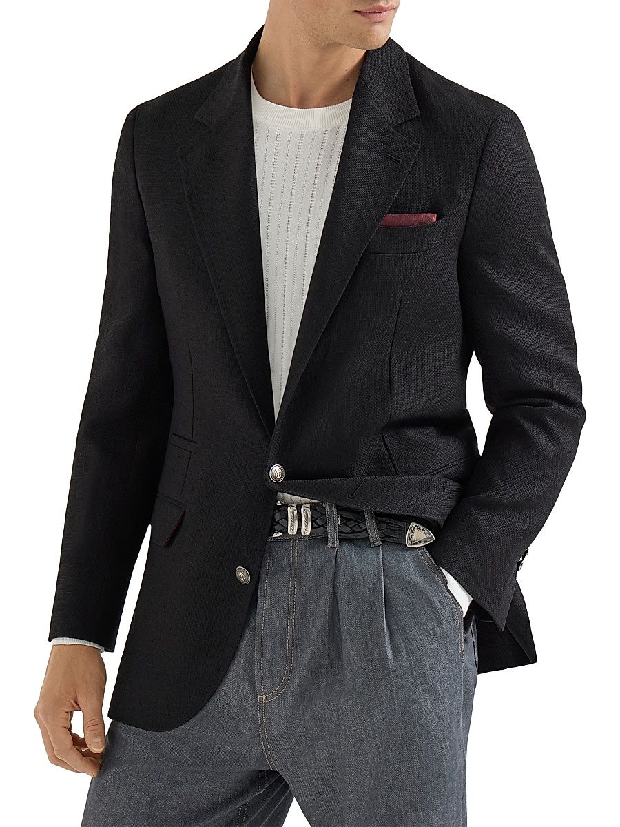 Men's Silk, Linen and Wool Hopsack Deconstructed Blazer - Black - Size 48