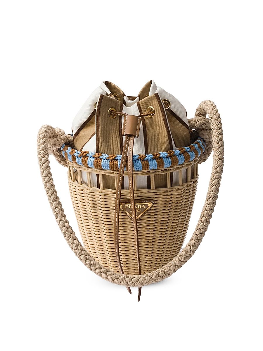 Women's Wicker Mini Bucket Bag - Beige Khaki
