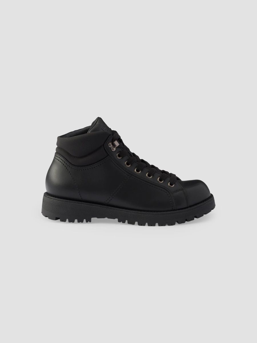 Prada Men's Lace-Up Leather and Re-Nylon Booties - Black - Size 7.5