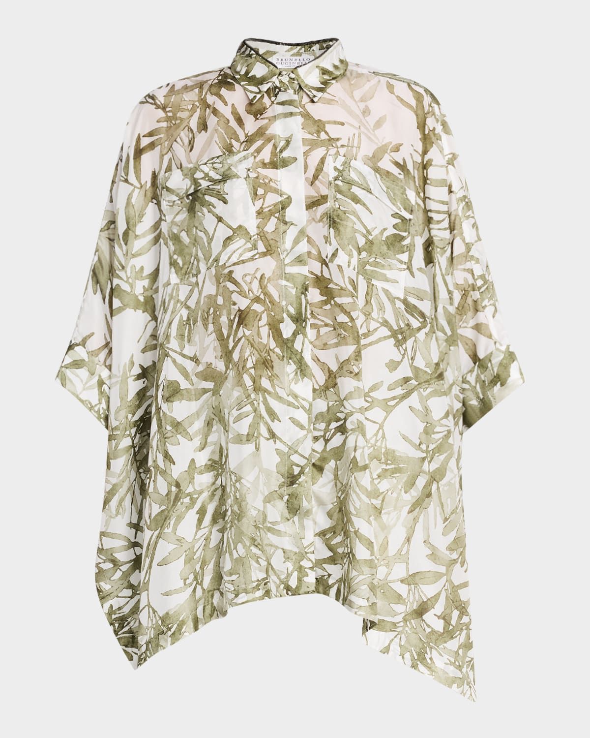 Herbarium-Print Silk Ponge Short-Sleeve Top With Monili Trim