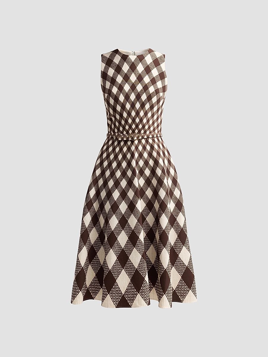 Women's Argyle Degrade Wool Sleeveless Day Dress - Brown Ivory - Size 4