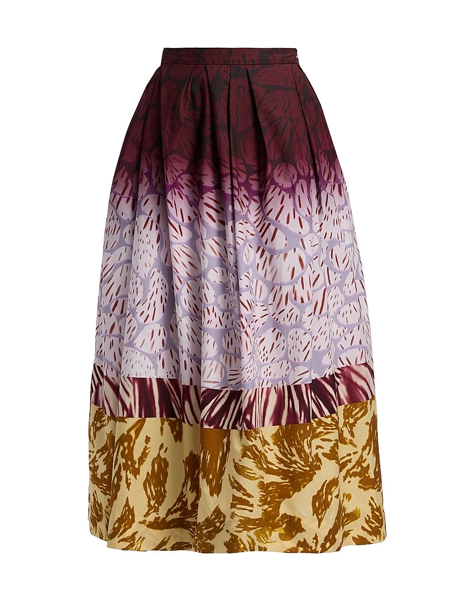 Women's Dip-Dye Printed Cotton Midi-Skirt - Burgundy - Size 8