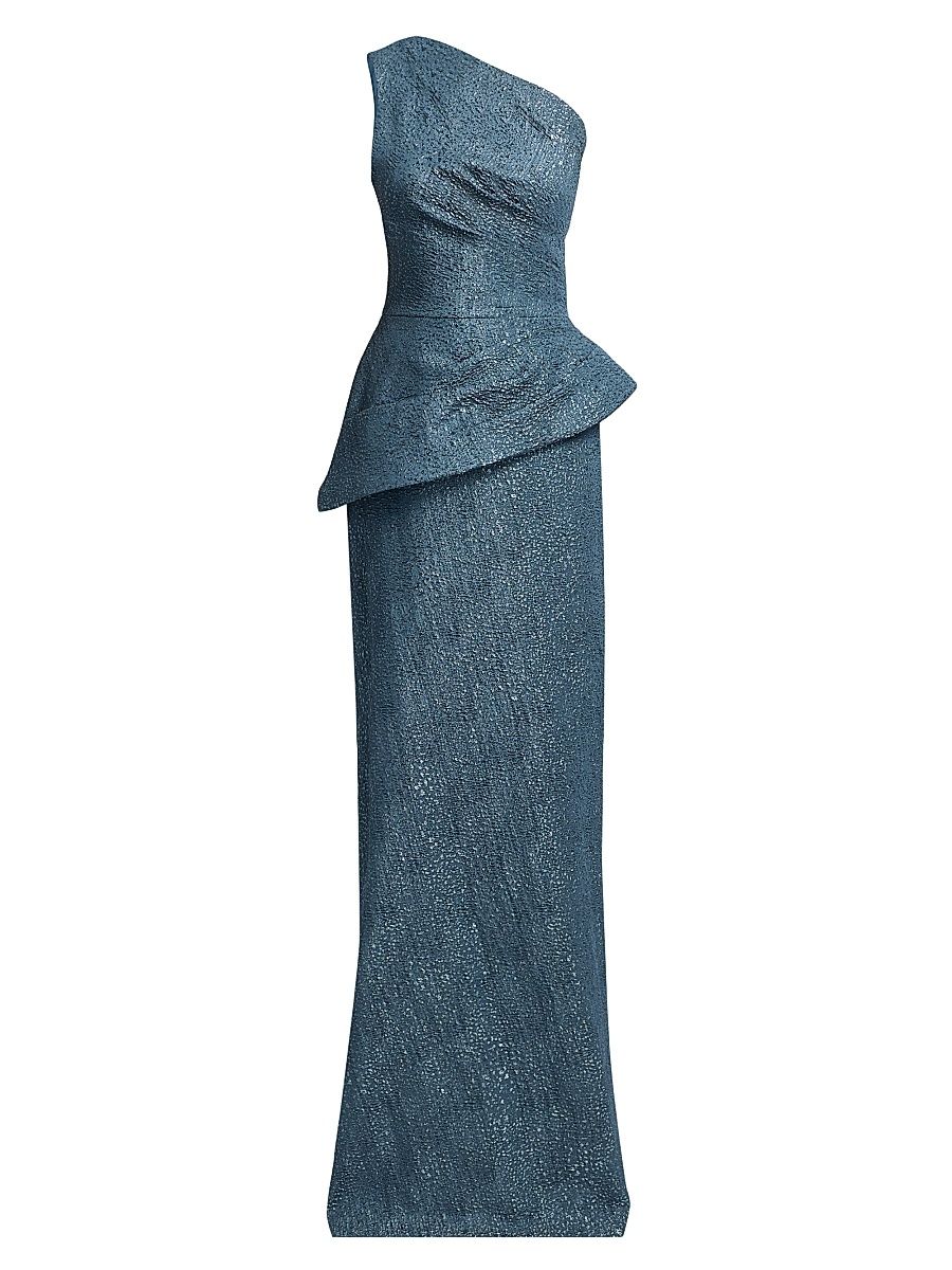 Women's Metallic Jacquard One-Shoulder Peplum Gown - Steel Blue - Size 10