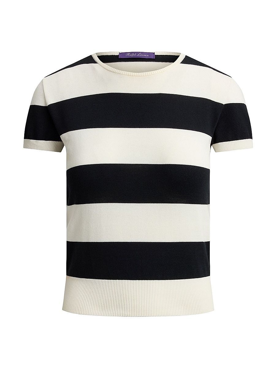 Women's Striped Cotton-Silk Short-Sleeve Sweater - Lux Cream Black - Size XS