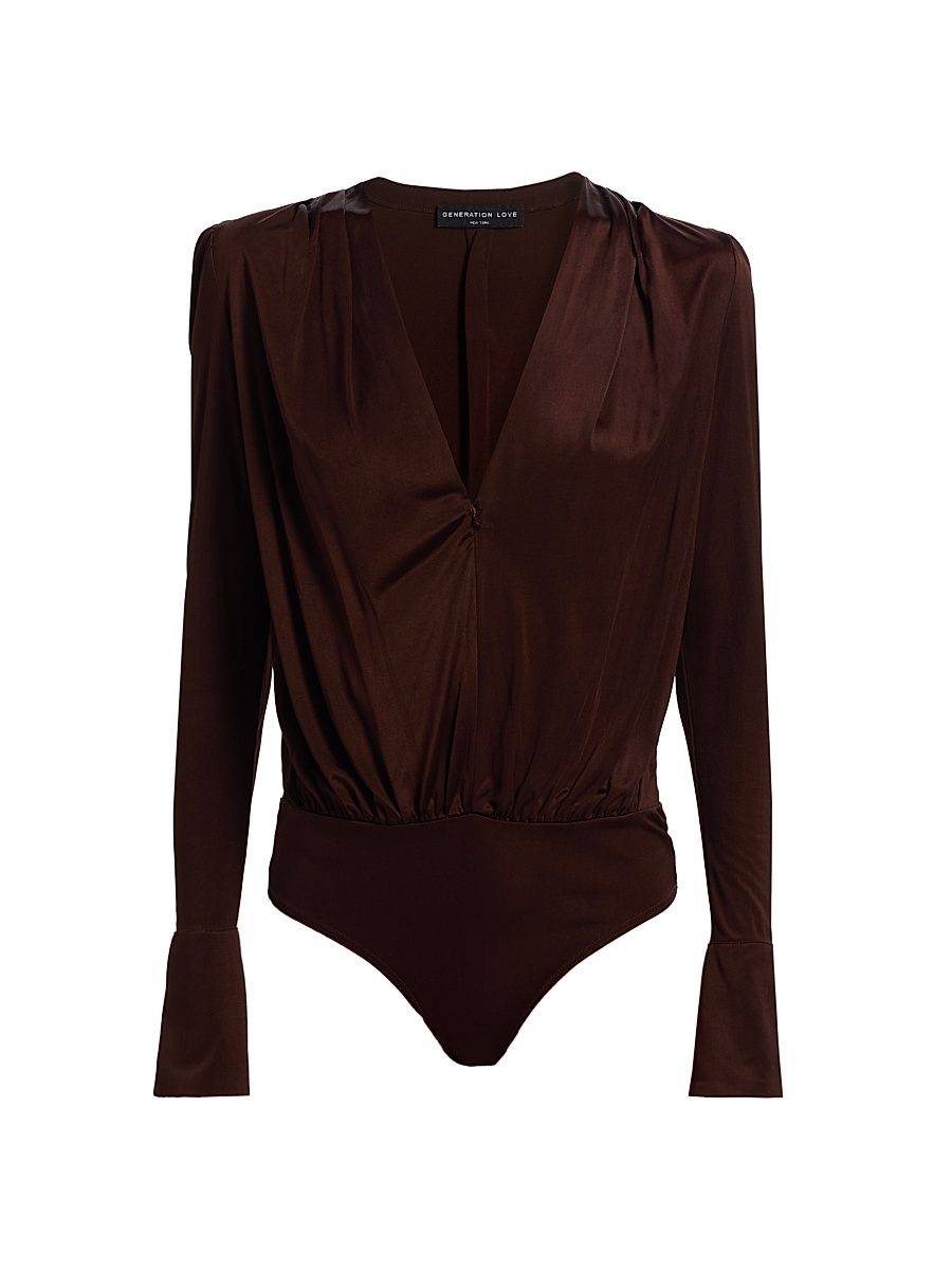 Women's Elio Sheen Plunging V-Neck Bodysuit - Brown - Size Large