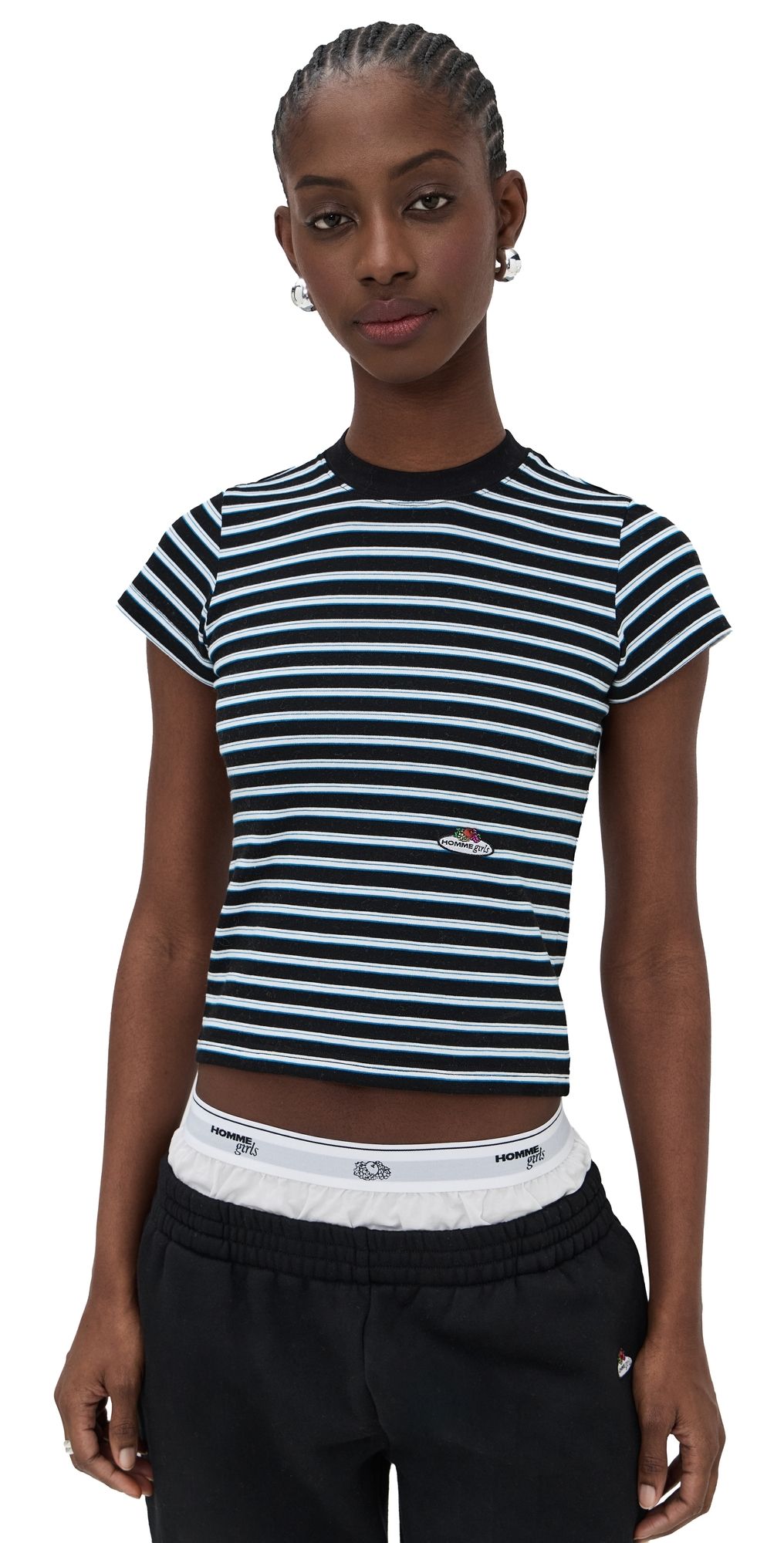 HOMMEGIRLS Homme Girls x Fruit of the Loom Striped Baby Tee Black Blue Stripe M