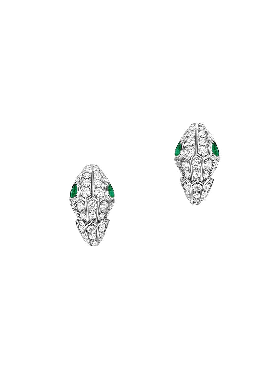 Women's Serpenti Tubolare 18K White Gold, Diamond & Emerald Earrings - White Gold