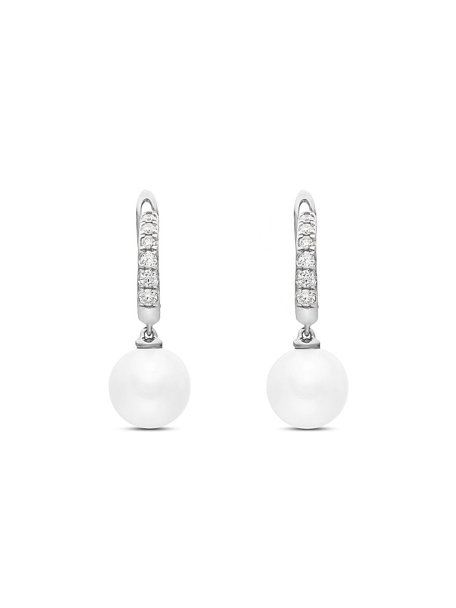 Women's Pearl and Pavé Drop Earrings in Sterling Silver with Pearls and Diamonds, 15.6MM - Pearl