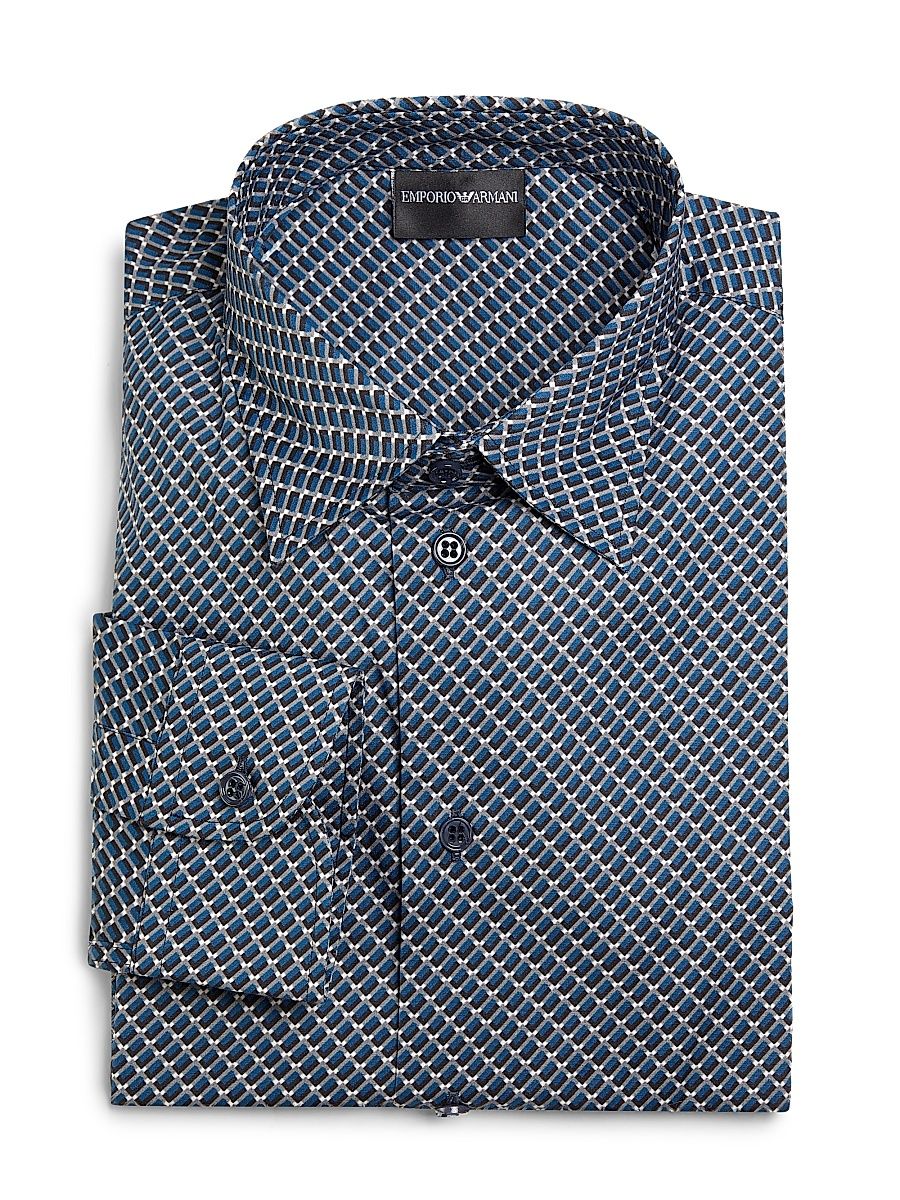 Men's Printed Cotton Poplin Button-Front Shirt - Blue - Size Large