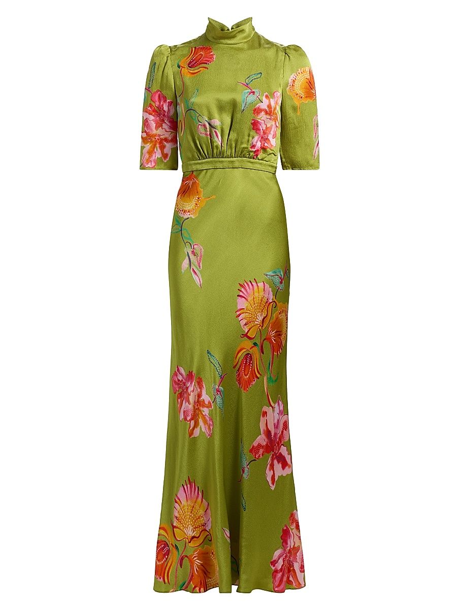 Women's Adele-B Floral Satin Maxi Dress - Lilia Garden Placement - Size 12