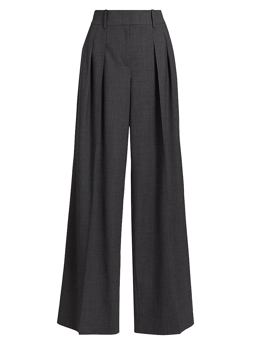 Women's Pleated Stretch-Virgin Wool Wide-Leg Pants - Charcoal Melange - Size 14
