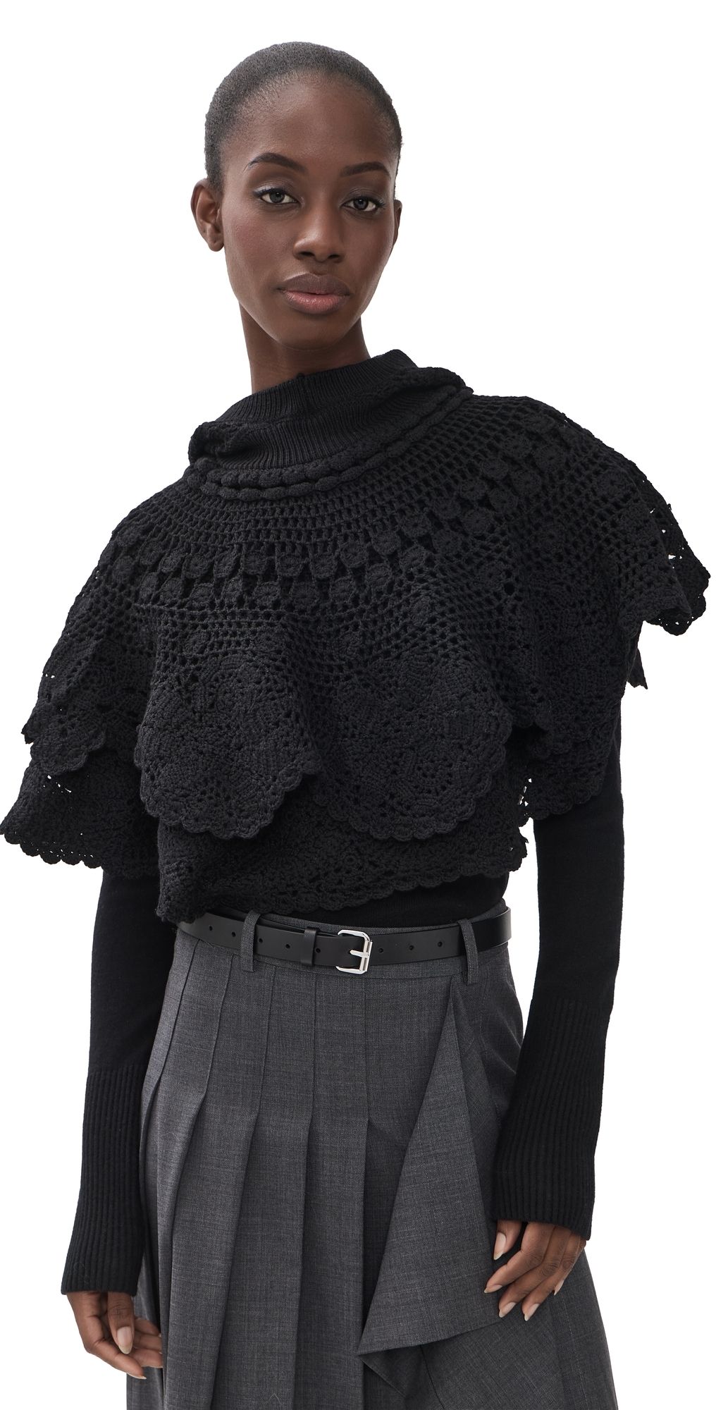 Sea Wright Knit Crochet Poncho Black One Size