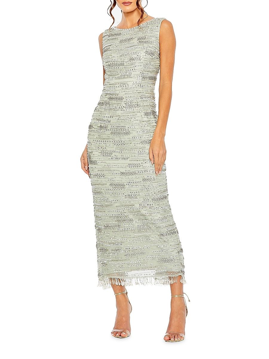 Women's Crystal & Beaded Fringe Midi-Dress - Sage - Size 4