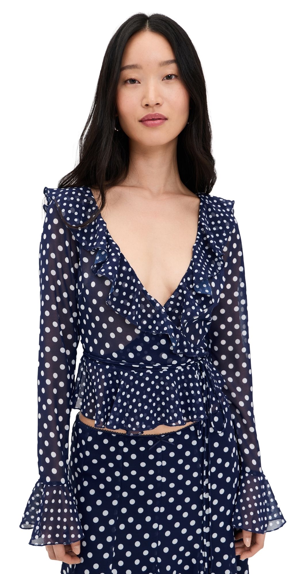 GUIZIO Mallorca Ruffle Wrap Top Navy Mixed Polka Dot S