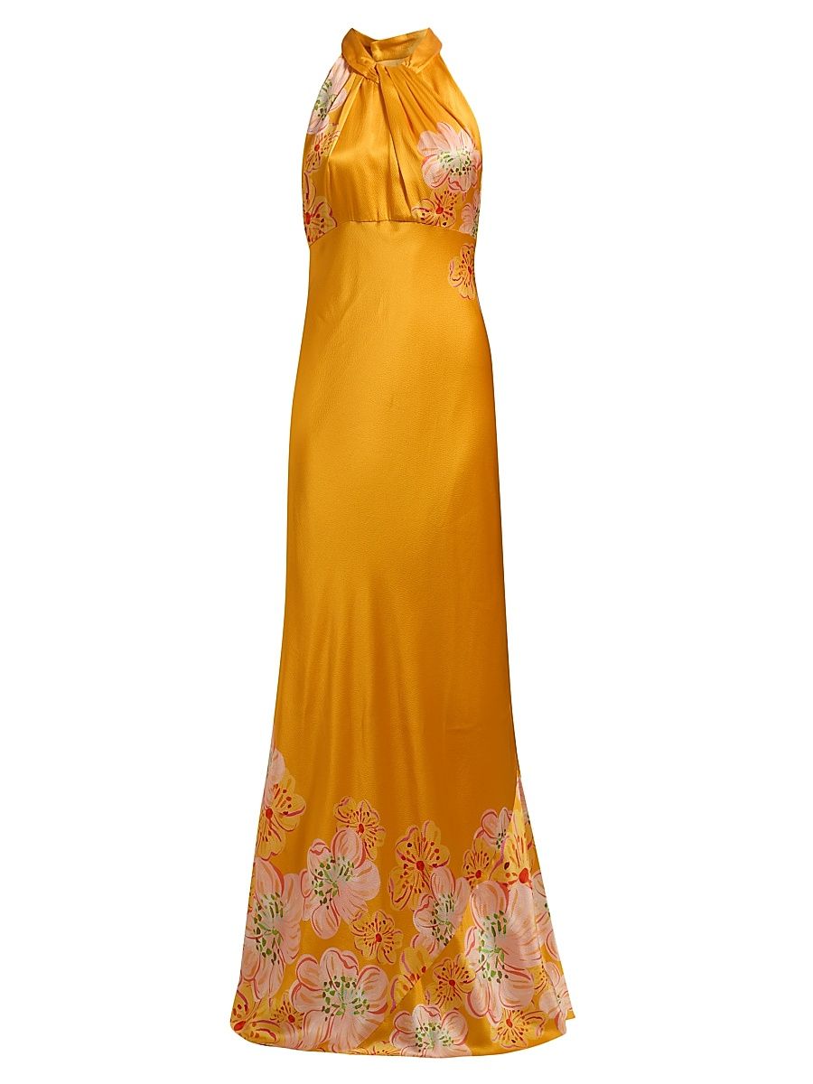 Women's Cozette Silk Satin Maxi Dress - Marigold Meadow Placement - Size 2