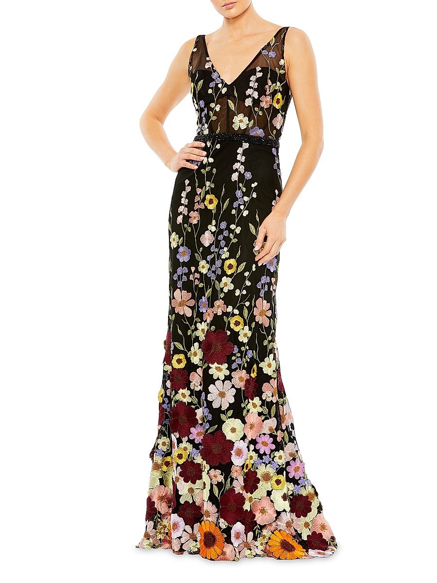 Women's Mac Floral-Embroidered Tulle Gown - Black Multi - Size 12