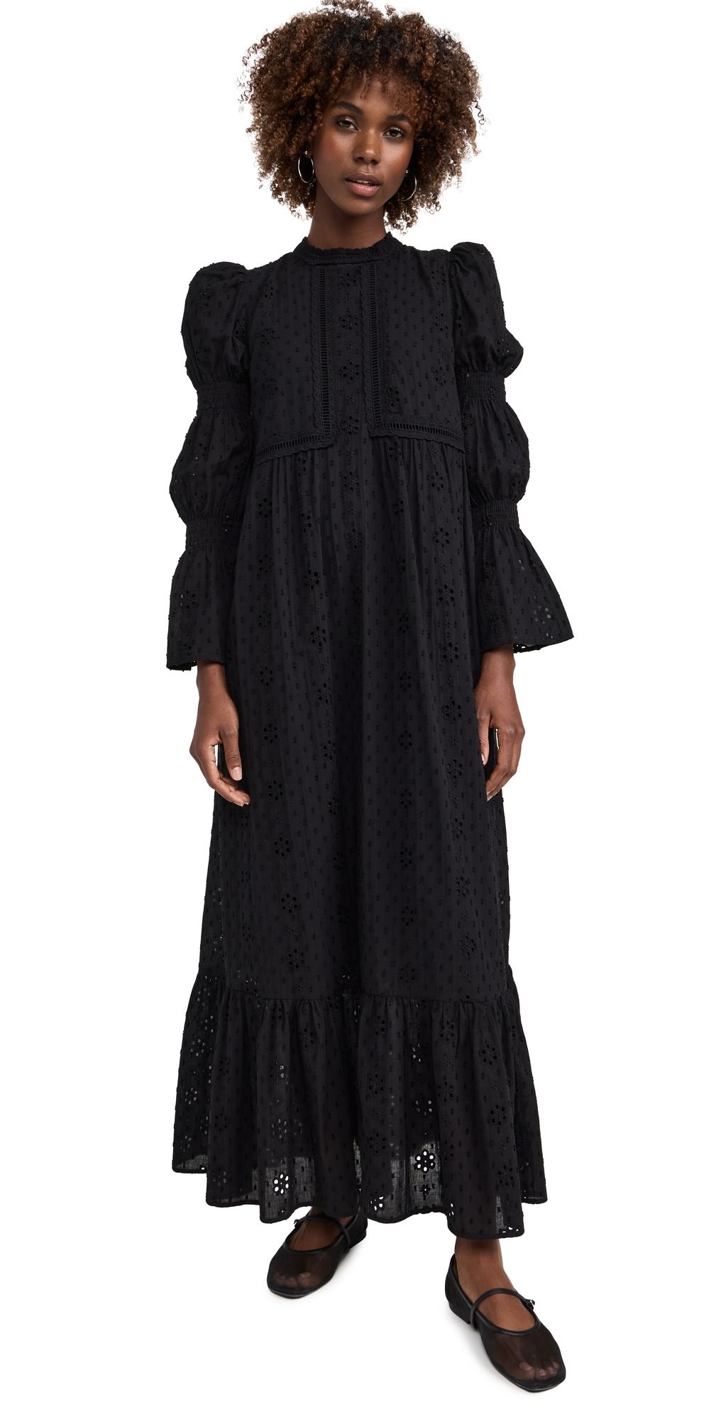 English Factory Embroidered Swiss Dot Maxi Dress Black XS