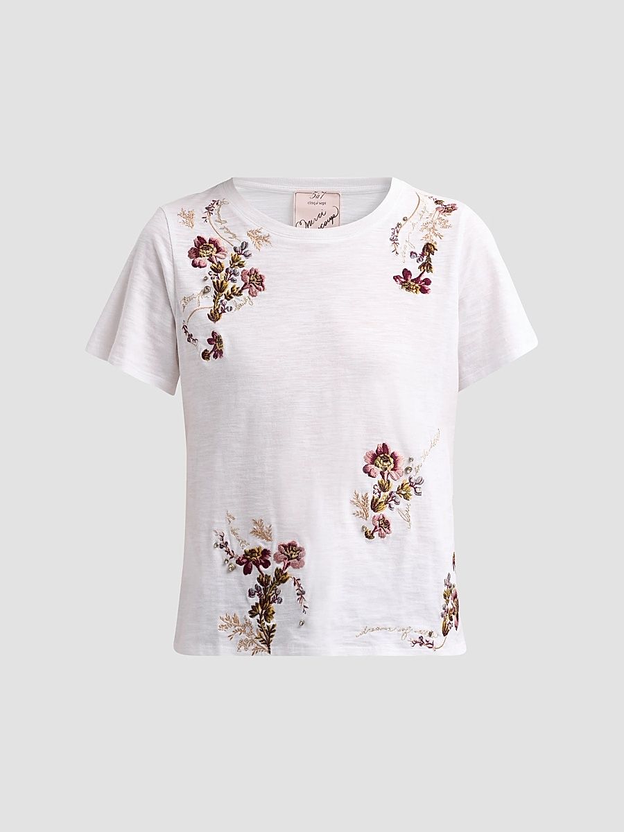 Women's Loveletter Floral Embroidered Cotton T-Shirt - White Multi - Size XL