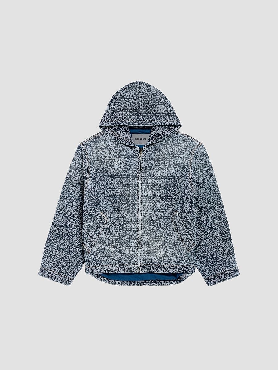 Balenciaga Men's Denim Stitch Hooded Jacket - Dark Blue - Size 42