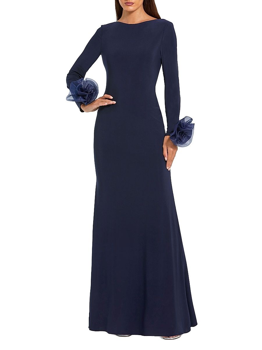 Women's Organza Rosette Long-Sleeve Gown - Midnight - Size XL
