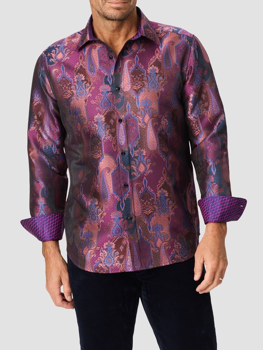 Robert Graham Men's Jacquard Silk-Blend Woven Shirt - Red - Size XXL