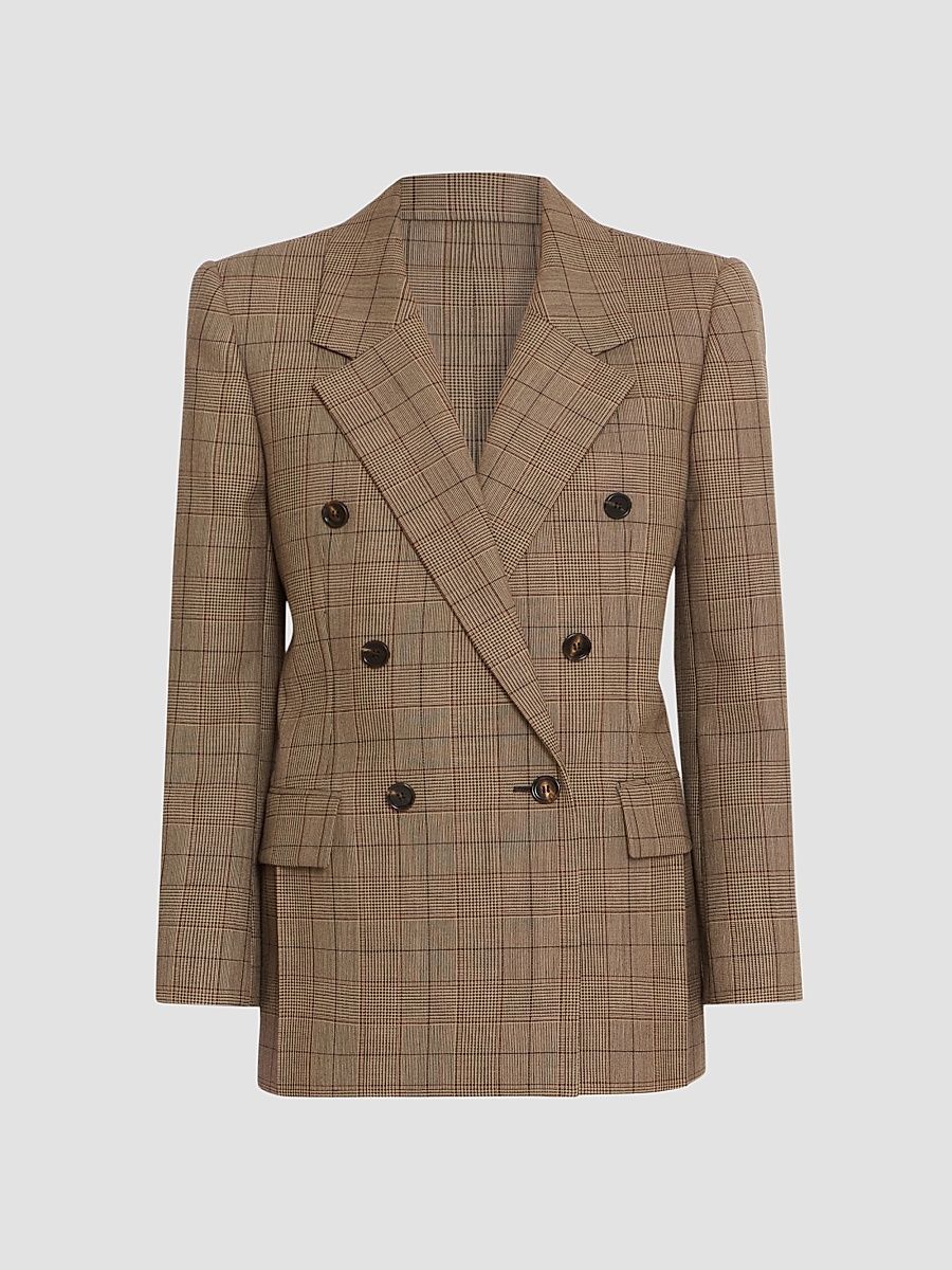 Women's Plaid Wool Double-Breasted Blazer - Brown Beige - Size 2