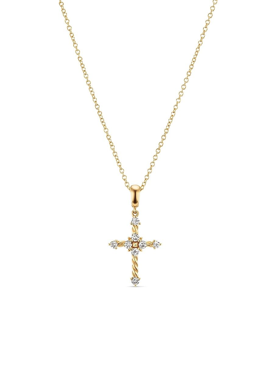 Women's Petite Modern Renaissance Cross Pendant Necklace in 18K Yellow Gold with Diamonds, 22.1MM - Diamond - Size 17