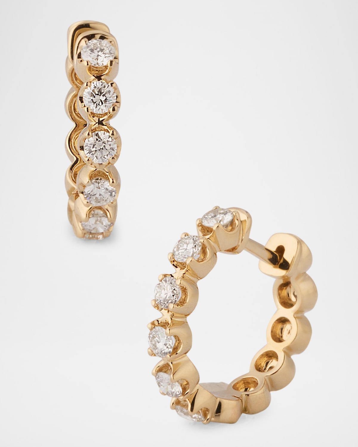 14K Gold Diamond Huggie Earrings, 15mm