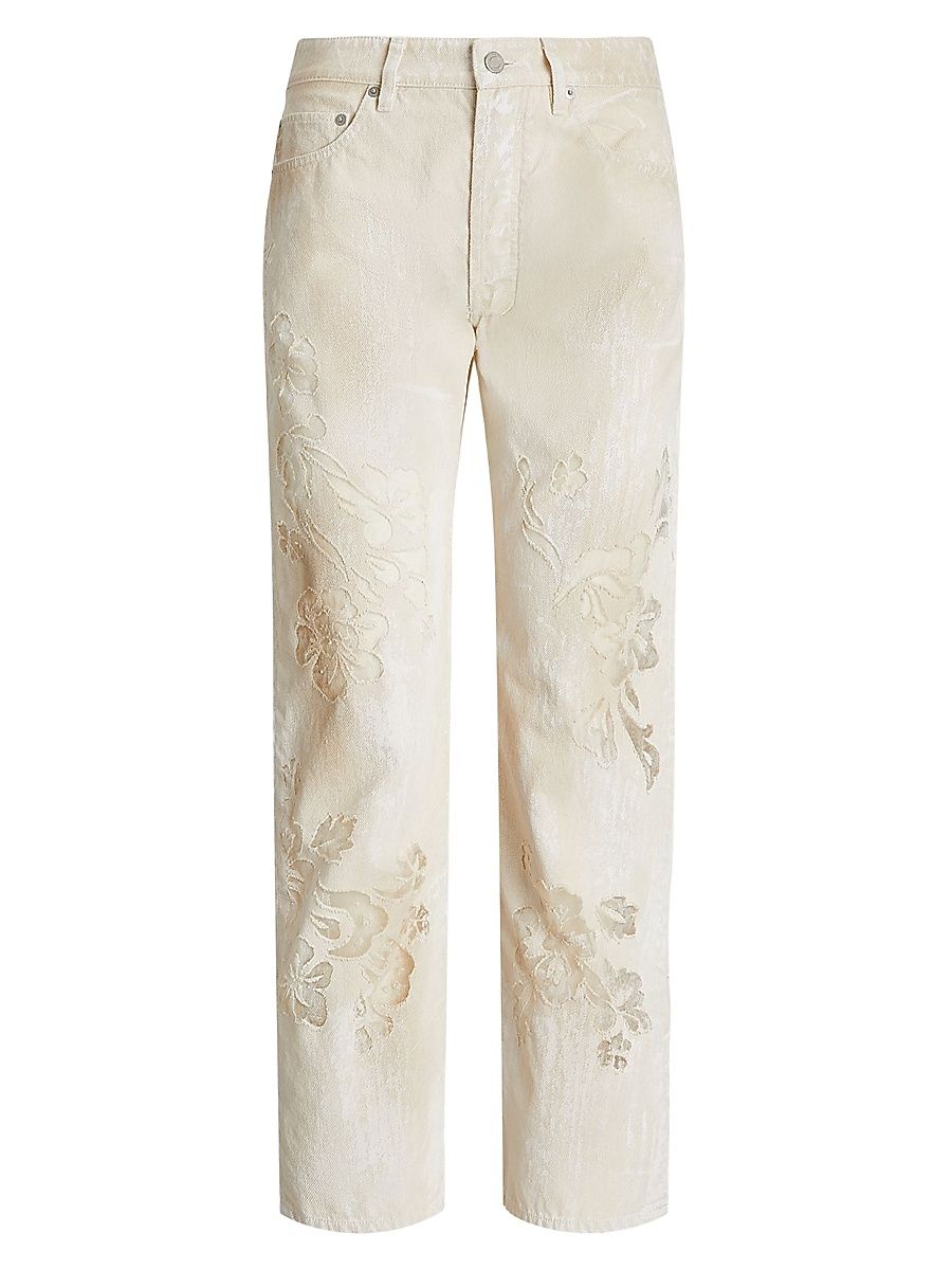 Women's Distressed Floral Sheer Embroidered Jeans - Lux Cream - Size 29
