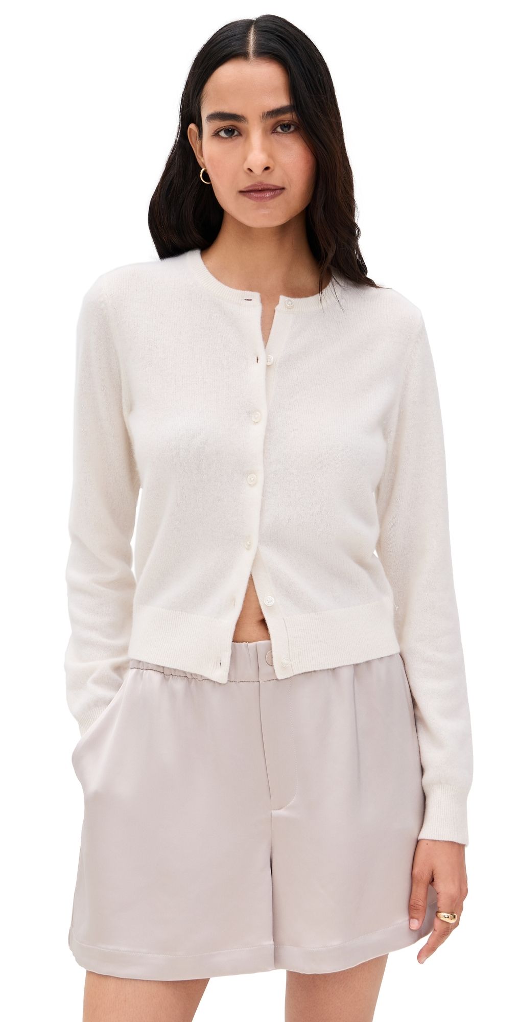 White & Warren Cashmere Crew Neck Cardigan Soft White XS