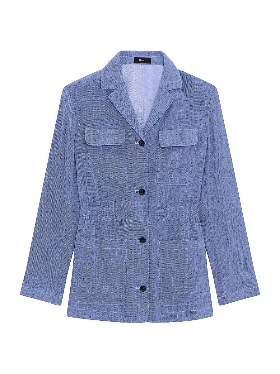 Women's Stretch-Linen Cinch-Waist Denim Jacket - Light Denim - Size 14