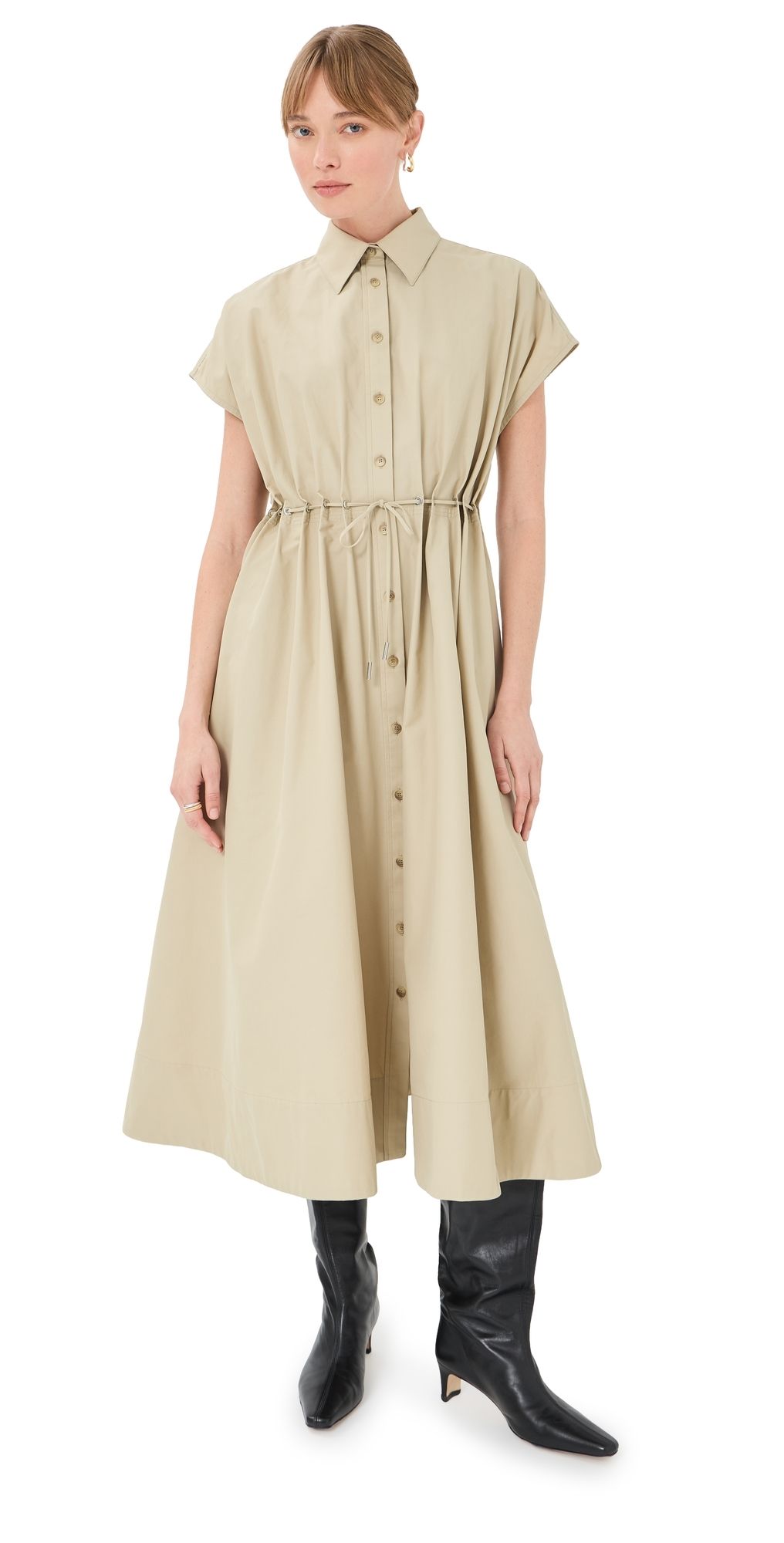 Brandon Maxwell The Blake Short Sleeve Shirt Dress with Eyelet Waist Dune 4