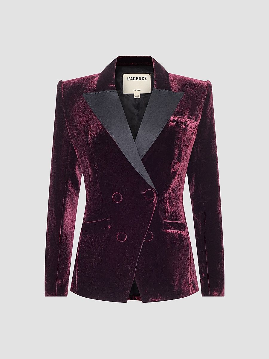 L'AGENCE Women's Kyomi Satin-Lapel Velvet Blazer - Deep Port - Size 14