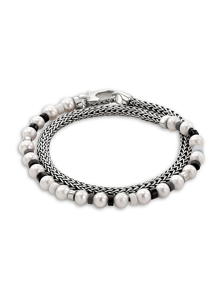 Women's Sterling Silver, Freshwater Pearl, Hematite & Black Onyx Bead Bracelet - Silver - Size Small