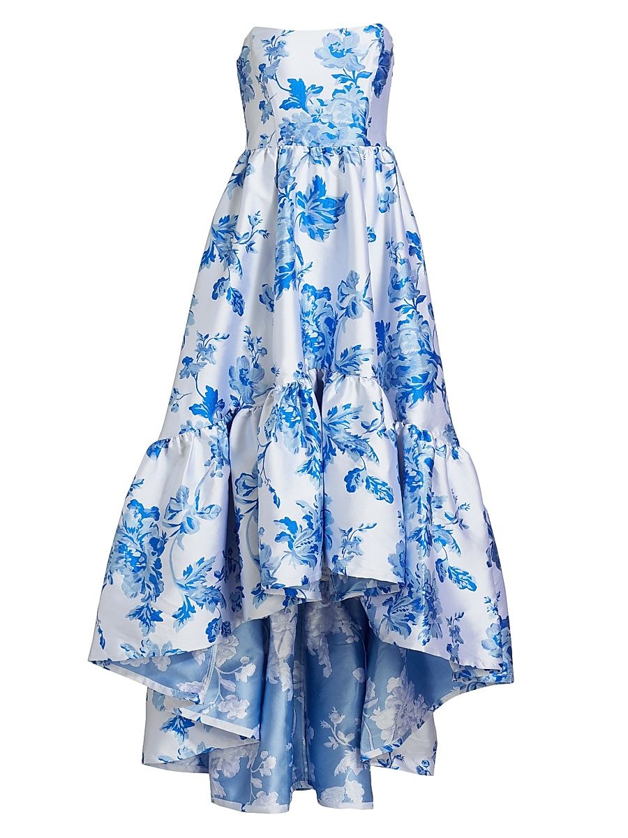 Women's Georgina Floral Strapless High-Low Gown - Blue White - Size 10