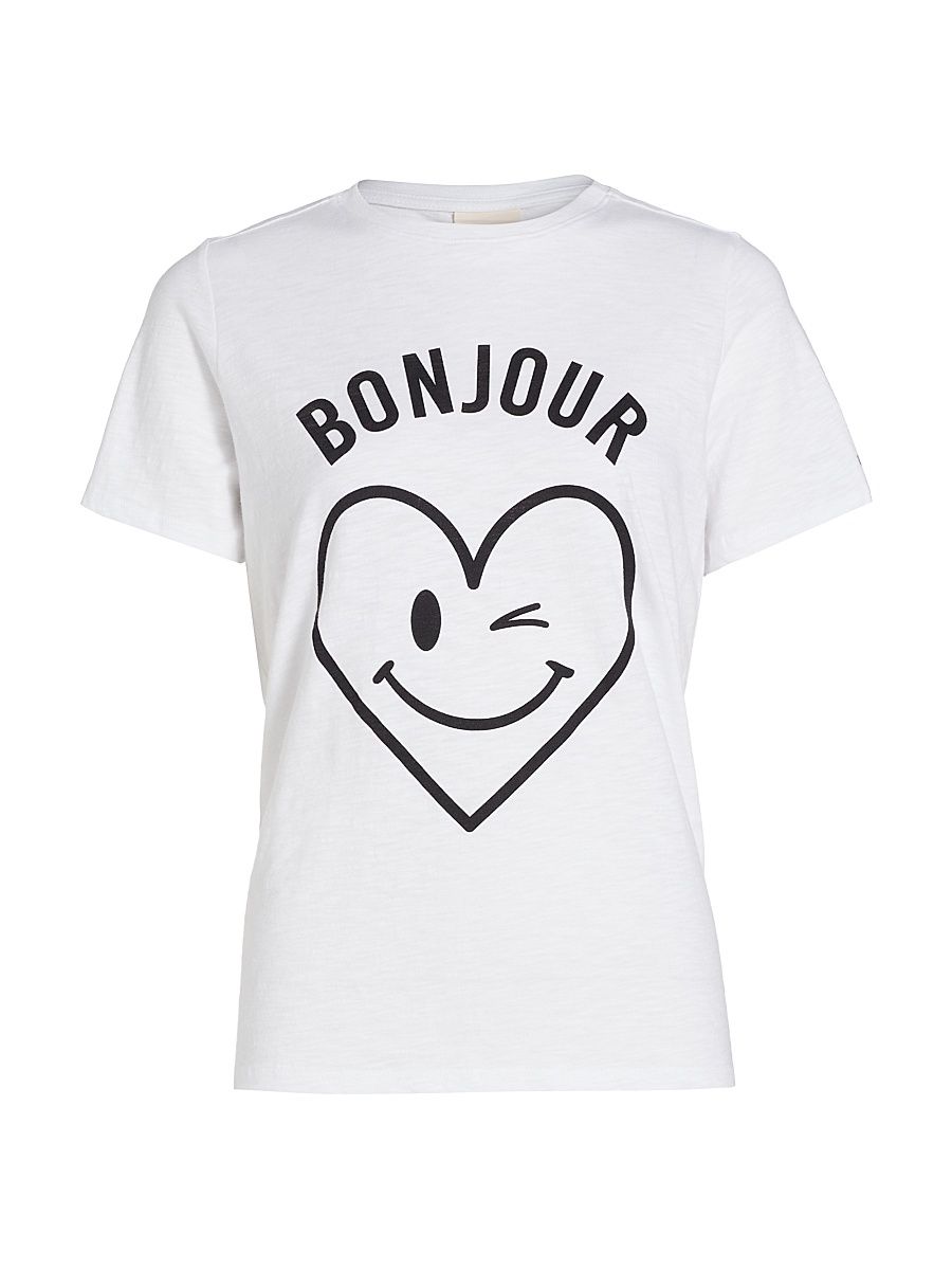 Women's Bonjour Smiling Heat Graphic Cotton T-Shirt - White Black - Size Large