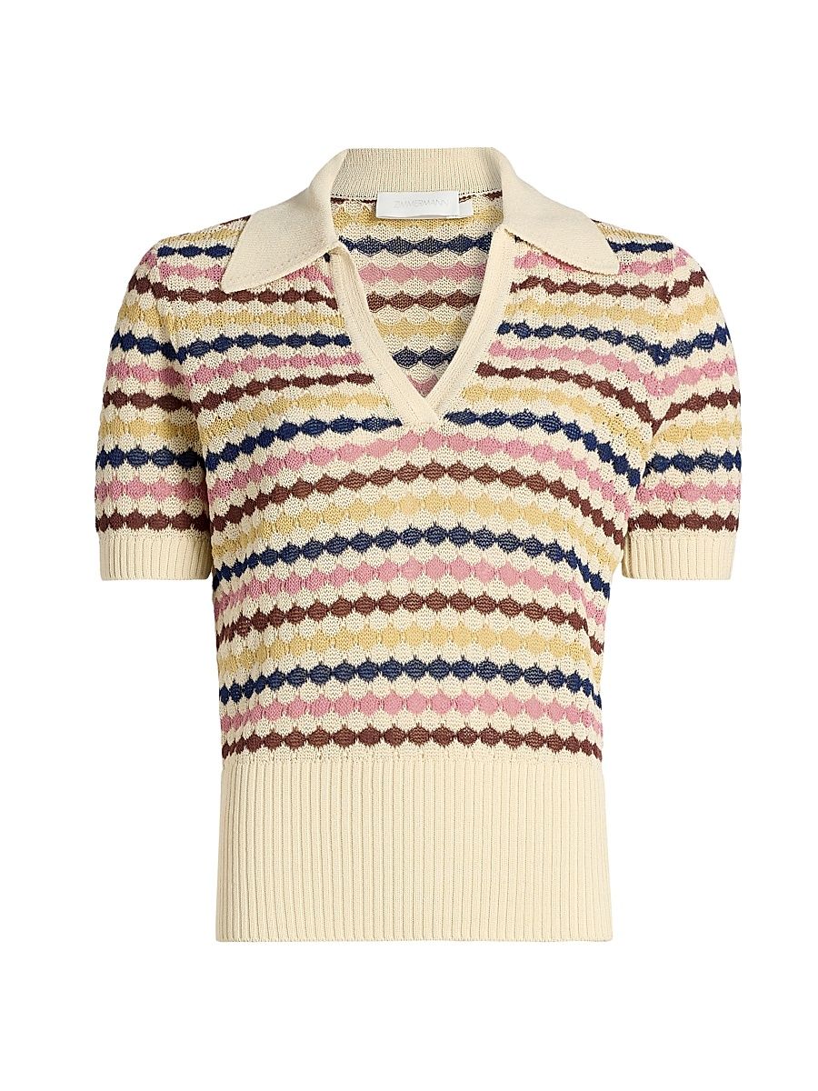 Women's Awaken Scallop Knit Polo Top - Multi Stripe - Size 10