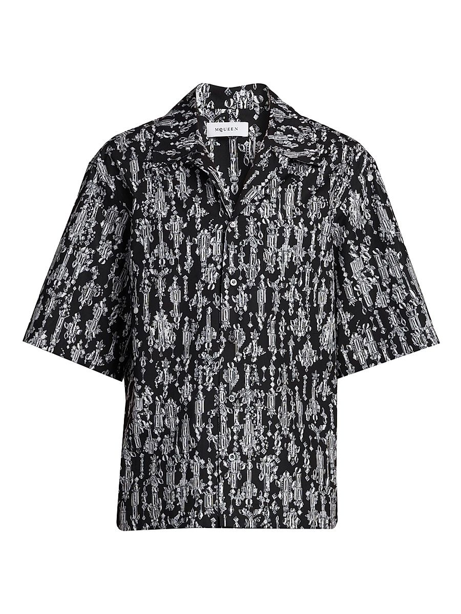 Men's Rhinestone Print Cotton Hawaiian Shirt - Black - Size 17.5
