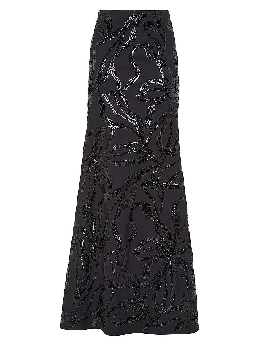 Women's Tropical Luxury Wool Long Mermaid Skirt with Dazzling Floral Embroidery - Black - Size 0