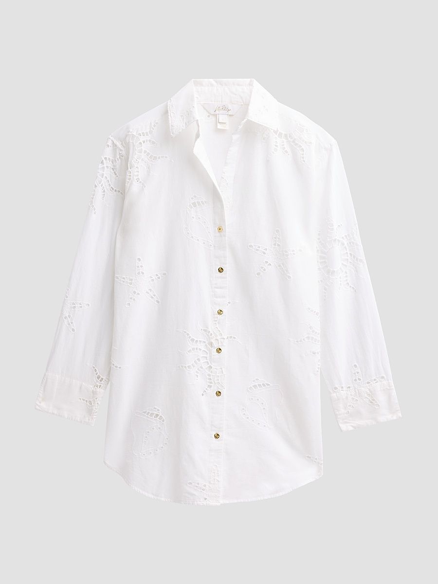 Women's Kwitney Eyelet Cotton Cover-Up Shirt - Resort White - Size XL