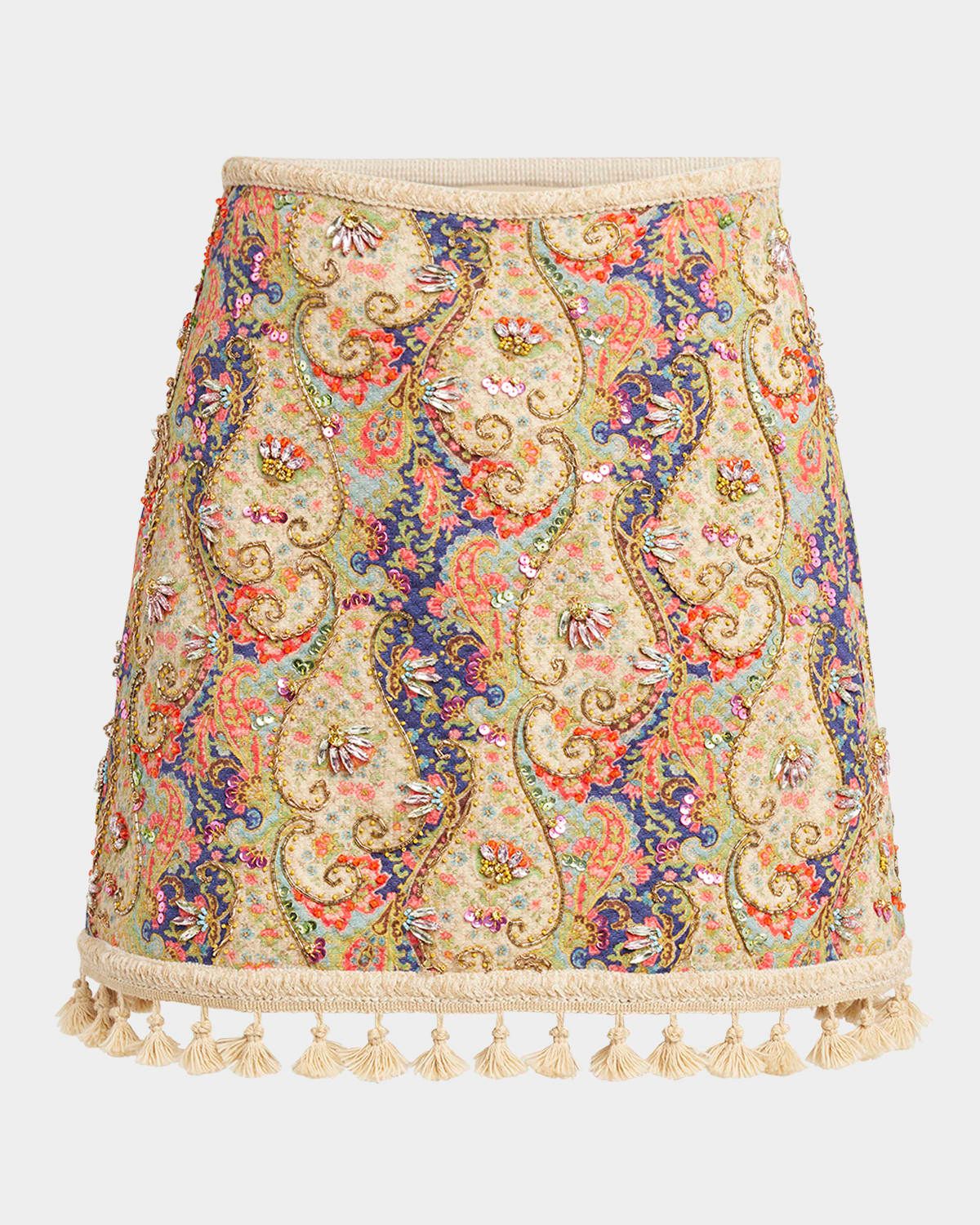 Embellished Tassel-Trim Piquet Mini Skirt