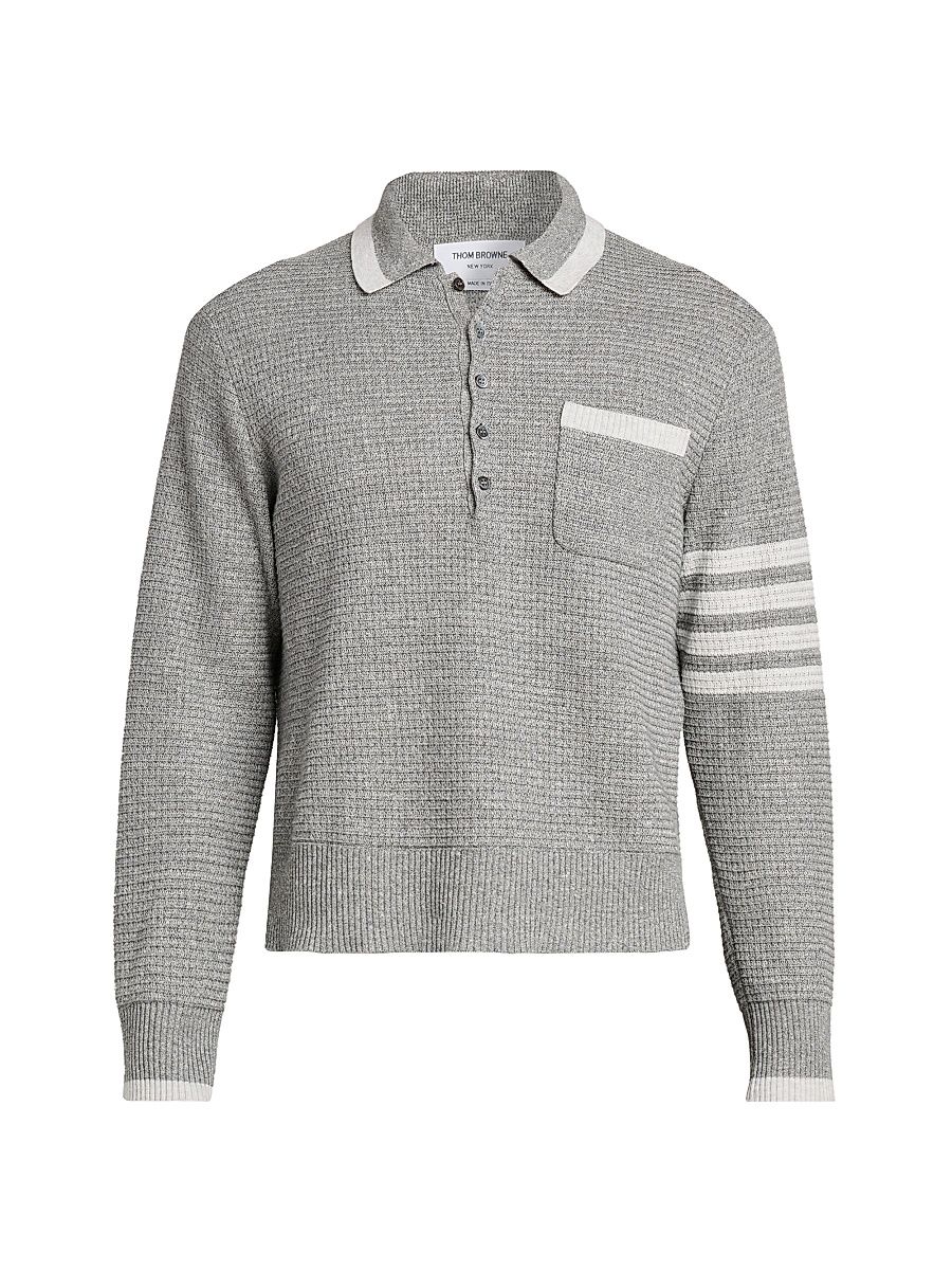 Men's Textured Linen-Cotton Polo Shirt - Light Grey - Size Large