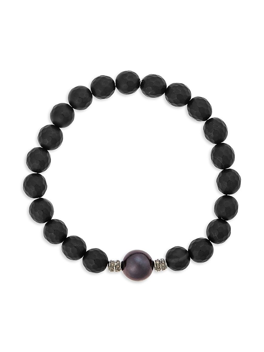 Women's Globetrotter Sterling Silver, Black Onyx & 0.16 TCW Gray Diamond Beaded Stretch Bracelet - Black