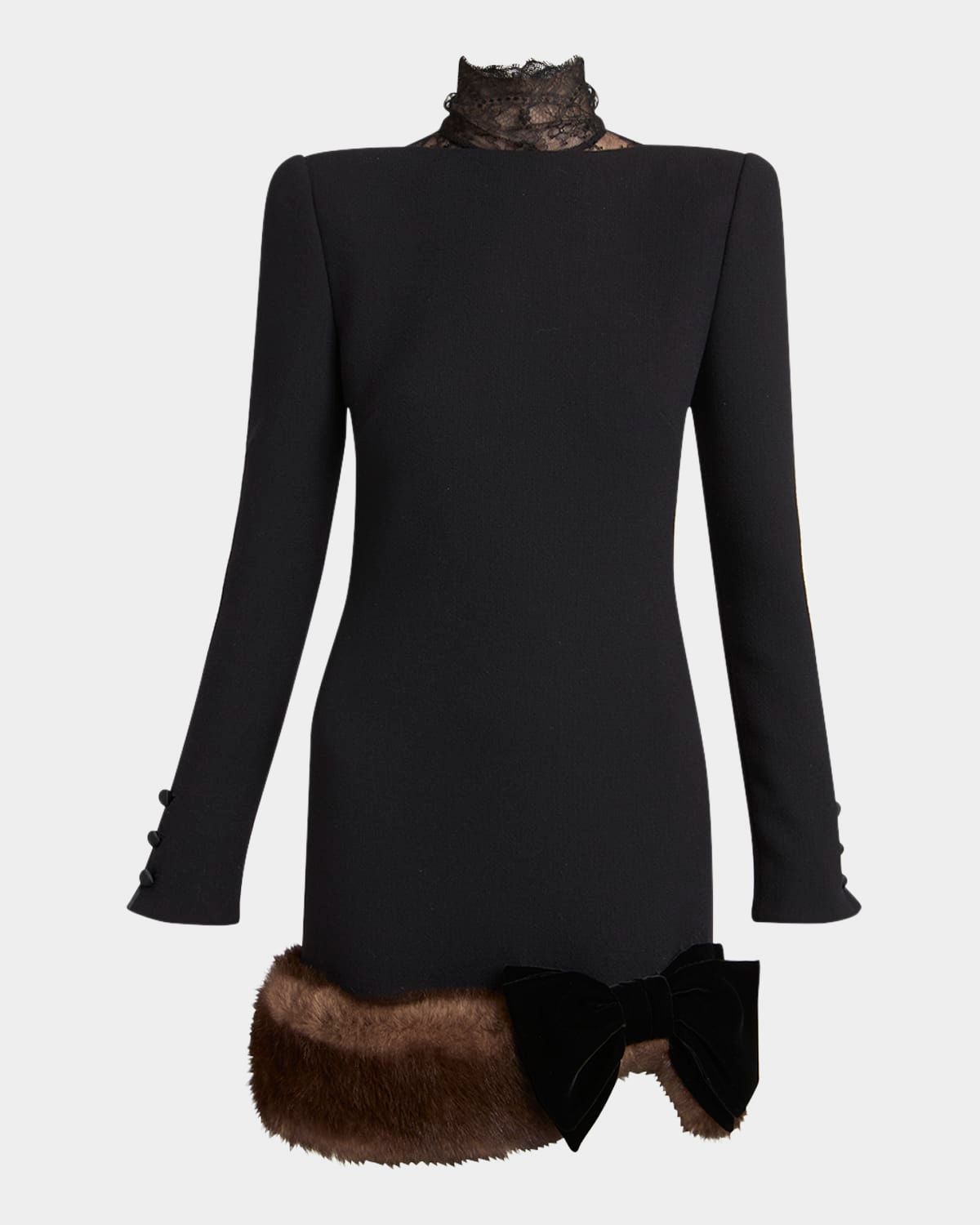 Turtleneck Long-Sleeve Sheep Shearling-Trim Mini Dress